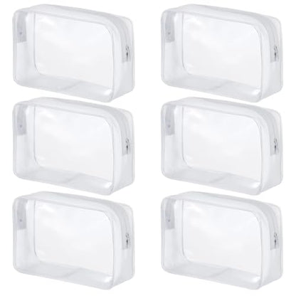 6 Pack Clear PVC Zippered Travel Cosmetic & Toiletry Organizer Bag Set for Makeup, Shower Essentials - White