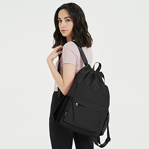 WANDF Drawstring Backpack with Shoe Compartment, Sports Gym Bag - color: L, Black, size: Large