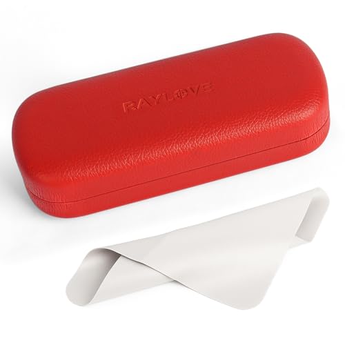 RayLove Glasses Case Hard Shell Eyeglass Case with Cleaning Cloth, PU Leather Protective Eye Glass Cases Fits Most Sunglasses - color: Red