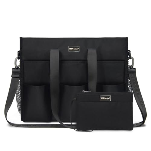 TOPDesign Utility Water Resistant Tote Bag with 22 Pockets, Zipper Closure - color: Black, size: Medium