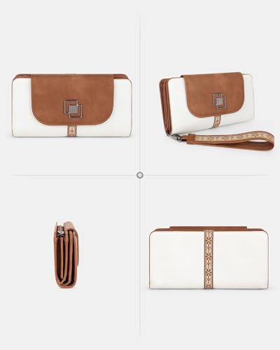 FADEON Leather Wallets for Women, Designer Large RFID Blocking Trifold - color: Beige Contrast Brown
