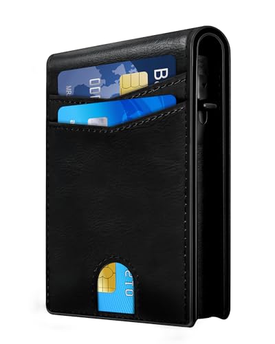 QLD Wallet for Men - RFID Blocking [Functional & Practical] Bifold Slim Minimalist Credit Card Holder Pop Up Metal Case with Cash Slot, Front Pocket with ID Window, Gift Boxed (BLACK) - color: Black