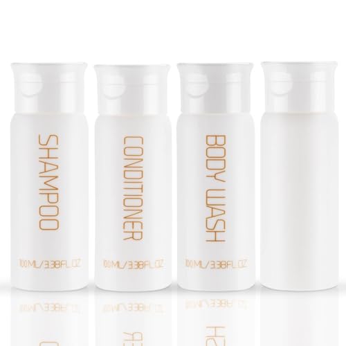 Travel Bottles for Toiletries 4 PCS 3.38 oz Shampoo Bottles | TSA Approved, Leak Proof, Refillable Plastic Squeeze Bottle, Travel Size Containers - size: B-3.38oz-3label1blank