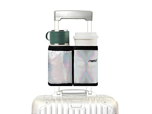 riemot Luggage Travel Cup Holder Free Hand Drink Carrier - Hold Two Coffee Mugs - Fits Roll on Suitcase Handles - Gifts for Flight Attendants Travelers Accessories Glitter Silver - color: Hook & Loop: Glitter Silver
