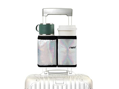 riemot Luggage Travel Cup Holder Free Hand Drink Carrier - Hold Two Coffee Mugs - Fits Roll on Suitcase Handles - Gifts for Flight Attendants Travelers Accessories Glitter Silver - color: Hook & Loop: Glitter Silver