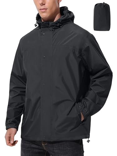 UIQUR Mens Lightweight Packable Waterproof Rain Jacket Windbreaker - color: Black, size: 4X-Large