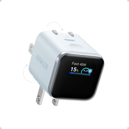 Anker Nano Smart Display Charger, 45W Max Fast Charger USB C for iPhone 17 | 180° Foldable Plug,Smart Recognition, Care Mode GaN USB C Charger Block for iPhone 17/16 (Non-Battery,1 USB-C Port,No Cable) - color: Blue