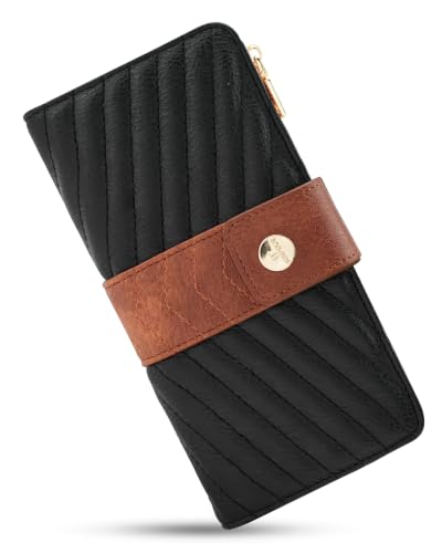 Women's Trifold Wallet,Large Capacity RFID Long Wallet - color: Black＆Brown, size: Trifold