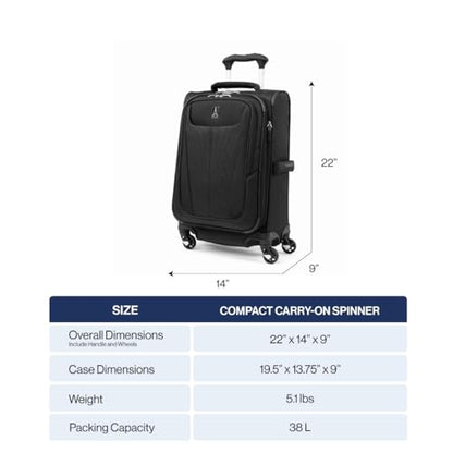 Travelpro Maxlite 5 Softside Carry-On Luggage Spinner, Black, 20-Inch - color: Black, size: Compact Carry-on 20-Inch