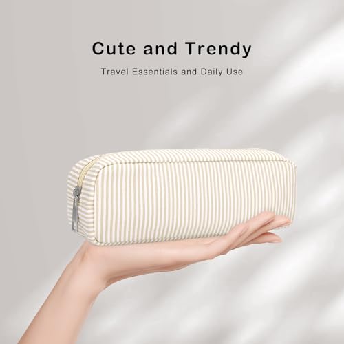 Striped Travel Makeup Brush Bag, Pencil Case Cosmetic Pouch Brown