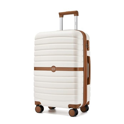 Kono Expandable 24 Inch Luggage with Spinner Wheels, Medium Checked Luggage with Lock, Lightweight & Anti-Scratch PC+ABS Hardshell Travel Suitcase, White/Brown - color: White/Brown, size: Checked-medium 24-inch