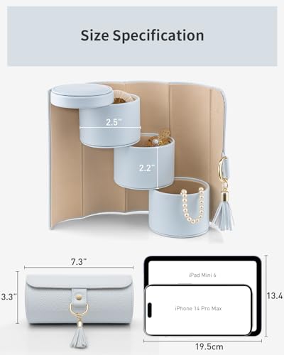 VLANDO Travel Jewelry Organizer, 3 Tier Roll Up Design, Hard Shell Storage - color: Light Blue
