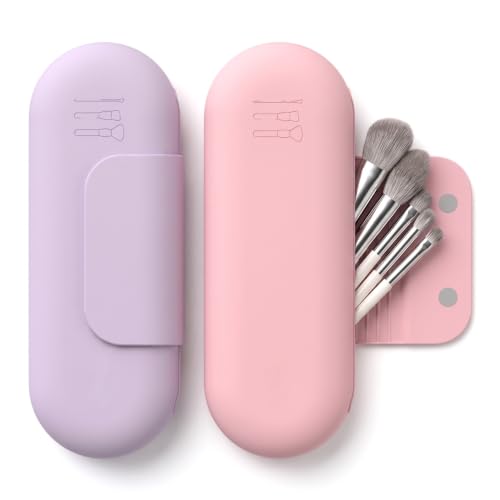 Silicone Makeup Brush Holder Travel Cosmetic Bag(Pink + Purple) - color: Pink + Purple