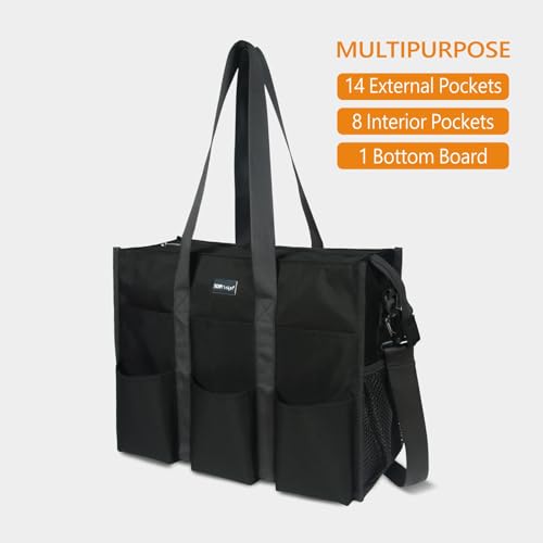 TOPDesign Utility Water Resistant Tote Bag with 22 Pockets, Zipper Closure - color: Black, size: Medium