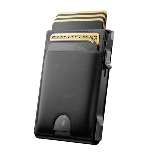 Wallet for Men Card Holder: Pop Up Card Case, Genuine Leather, Smart, RFID Blocking, Slim, Minimalist, Thin, Front Pocket - 12 Card Capacity, ID Window, Money Clip (Black) - color: Black