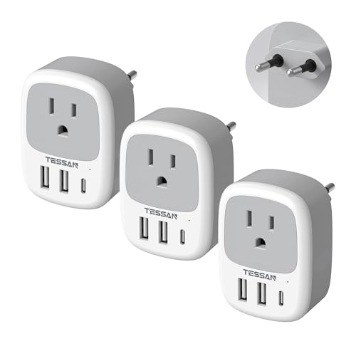 TESSAN 3 Pack US to European Travel Plug Adapter with 3 USB Ports (1 USB C) - color: Gray-Type C
