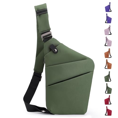 Anti Theft Crossbody Travel Bag - Multi-pocket Shoulder Bag with Adjustable Strap,Slim Sling Bag for Women Men - color: Army Green-left Shoulder