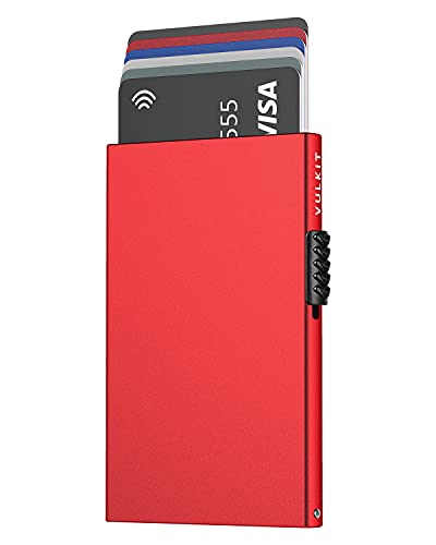 VULKIT Minimalist Credit Card Holder Pop Up Cards RFID Protection Slim Metal Wallet - color: Red