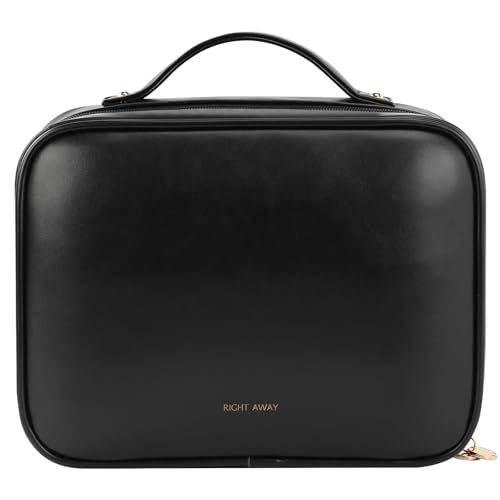 RIGHT AWAY Travel Toiletry Bag for Women, Makeup Bag& Cases, Waterproof Makeup Organizer Cosmetic Bag with Compartments,Portable Make Up Bag for Travel Size Toiletries,Skincare,Brushes Set,Black - color: Black