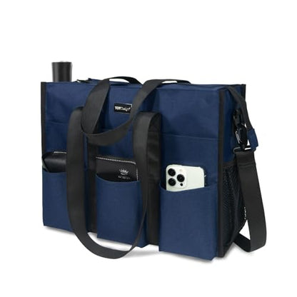 TOPDesign Utility Water Resistant Tote Bag with 22 Pockets, Zipper Closure - color: Blue, size: Large