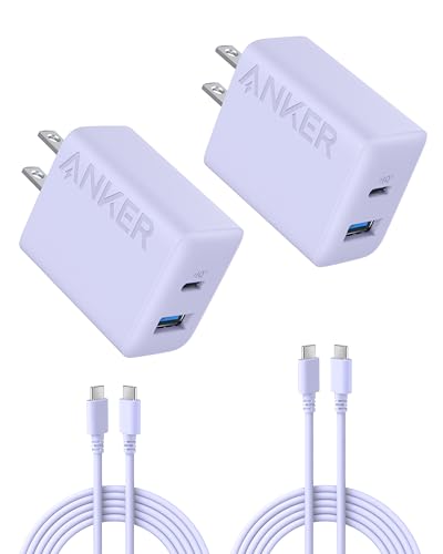 Anker Phone Charger, 20W USB C Charger Block, Type C Charger Fast Charging | For iPhone 17/17 Plus/17 Pro Max/16/16 Plus/16 Pro Max/15 Pro Max/iPad Pro and More (2-Pack with 2 Cables, Purple) - color: purple