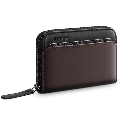 VULKIT RFID Blocking Credit Card Holder, Leather Business Card Holder Case, Minimalist Zipper Wallet, Walnut Brown - color: Walnut Brown
