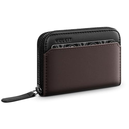VULKIT RFID Blocking Credit Card Holder, Leather Business Card Holder Case, Minimalist Zipper Wallet, Walnut Brown - color: Walnut Brown