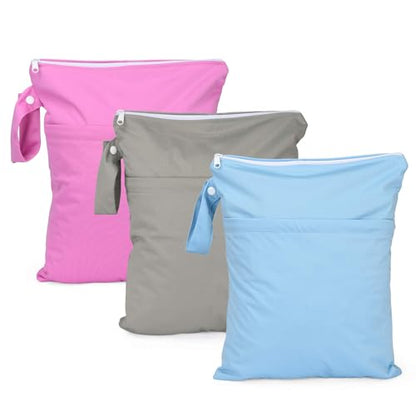 3pcs Waterproof Wet Dry Bags for Baby Cloth Diapers with 2 Pockets - color: Grey