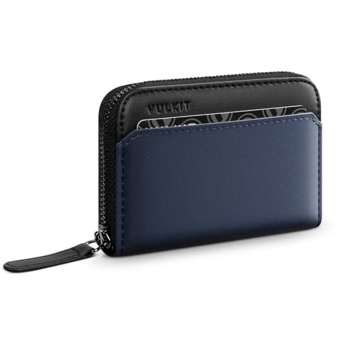 VULKIT RFID Blocking Credit Card Holder, Leather Business Card Holder Case, Minimalist Zipper Wallet, Charcoal Blue - color: Charcoal Blue