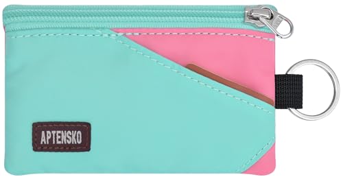 RFID Blocking Travel Wallet with Adjustable Lanyard, Small Nylon Zipper Pouch and Badge Holder for ID, Credit Cards, Cash, Keys, Commuters (Mint Aqua+Pink) - color: Mint Aqua+Pink
