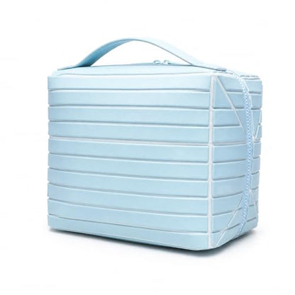 Fold Down Large Capacity Makeup Bag for Women, Foldable Travel Makeup Organizer with Compartments, Lay Flat Waterproof Cosmetic Toiletry Bag for Brushes and Skincare (Light Blue) - color: Light Blue