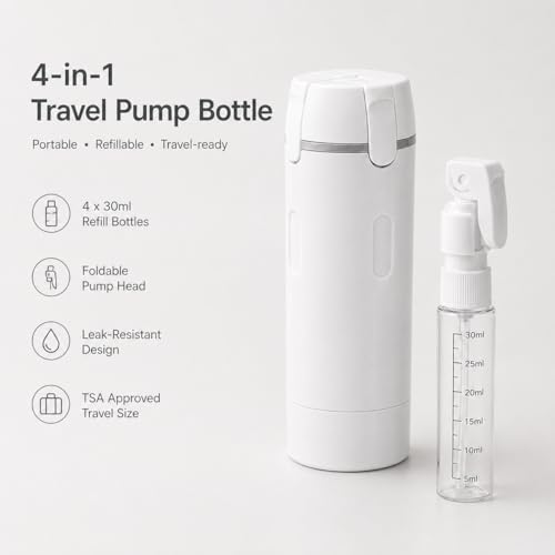 4-in-1 Travel Dispenser Bottle, TSA Approved Leak Proof Refillable Travel Toiletry Containers for Lotion & Cream, 4 Pack 30ml Trip Kit with Labels, Portable for Business Trip & Daily Use (White) - color: White