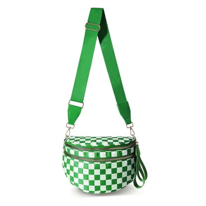 Checkerboard Crossbody Bag for Women, Expandable Plaid Belt Bag Nylon Fanny Pack with Multiple Pockets - color: Kelly Green Checkered