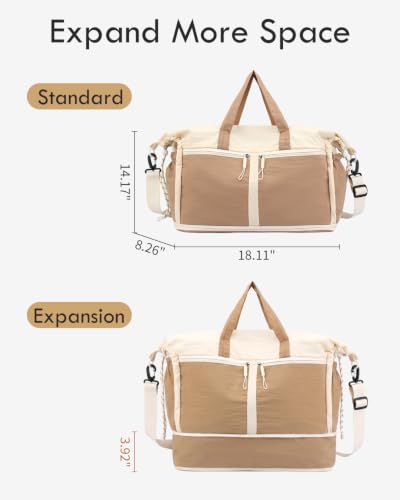 Expandable Travel Duffel Bag for Women Men Gym Bag Weekender Overnight Bag - color: Khaki