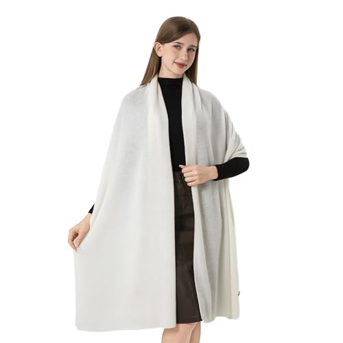 100% Cashmere Wrap Warm Soft Knitted Scarf Stole for Women Airplane Travel Blanket 87x28 in Extra Large Pashmina - color: Ivory White