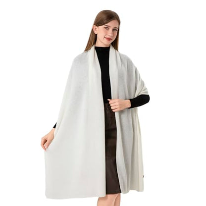 100% Cashmere Wrap Warm Soft Knitted Scarf Stole for Women Airplane Travel Blanket 87x28 in Extra Large Pashmina - color: Ivory White