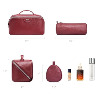 BOYATU Genuine Leather Travel Makeup Bag: Hand-made 3 Pcs Set Cosmetic Bags - color: 06Burgundy