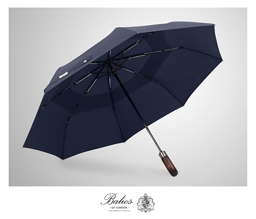 Balios Prestige 여행용 우산, 천연 나무 손잡이, 자동 개폐, 통풍식 방풍 더블 캐노피, 영국에서 디자인됨. - color: 다크 네이비.