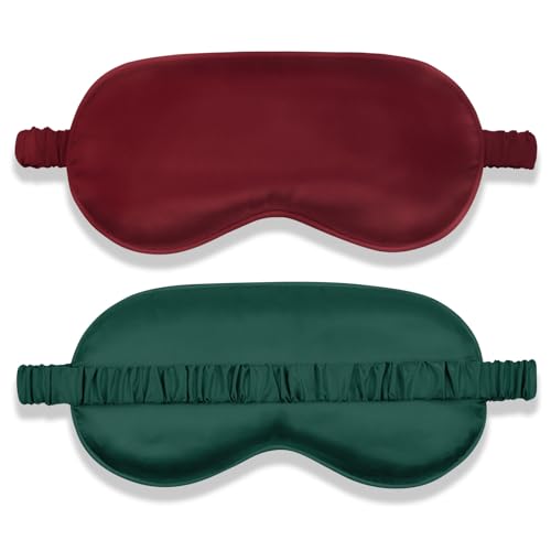 Amrules 2 Pack Silk Sleep Mask Set Adjustable, Green & Dark Red - color: Teal Green & Wine Red-silk Floss