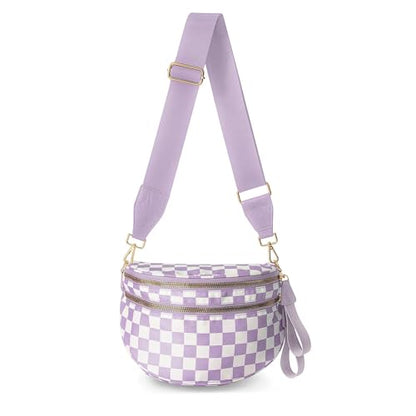 Checkerboard Crossbody Bag for Women, Expandable Plaid Belt Bag Nylon Fanny Pack with Multiple Pockets - color: Light Purple Checkered