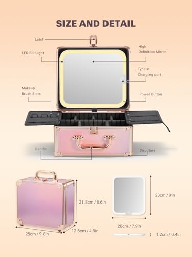 Qislee Makeup Box with Detachable Magnetic LED Mirror, Travel Train Case - color: Sparkling Gradient Pink, size: Small