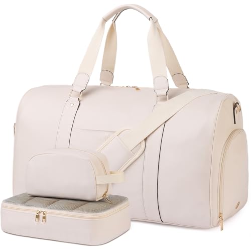 3‑PCS Leather Duffle Bag for Travel, Weekender Overnight Gym Bag Men Women - color: White