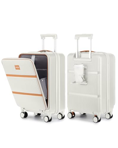 Joyway 20 Inch Carry On Luggage with Front Pocket and Cup Holder, White - color: Beige