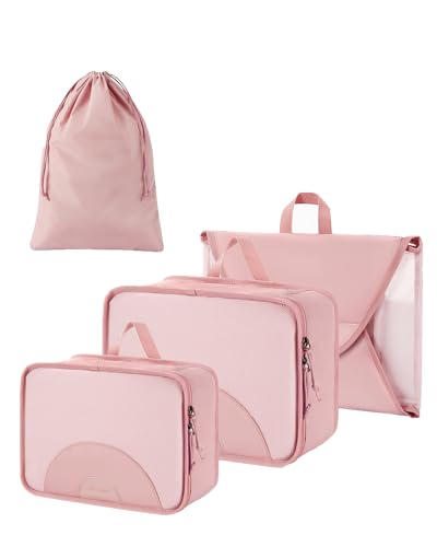 BAGSMART 여행용 의류 폴더 패킹 큐브, 주름 방지 경량 여행용 큐브 4세트, 내구성 있는 여행 가방 정리함 가방 세트, 여행 필수품용, 베이비 핑크