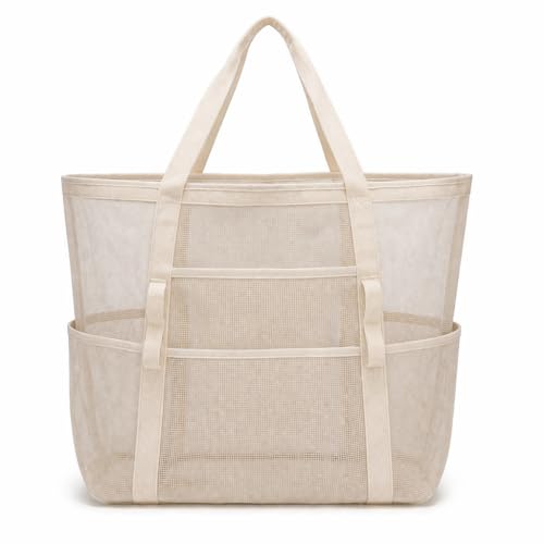 Mesh Beach Tote Bag Large Capacity Pool Gym Laundry Tote Foldable with Pockets Lightweight Travel Bag - color: Sand Beige