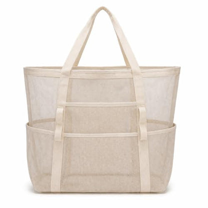 Mesh Beach Tote Bag Large Capacity Pool Gym Laundry Tote Foldable with Pockets Lightweight Travel Bag - color: Sand Beige