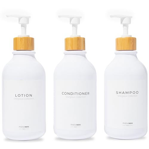 MaisoNovo Refillable Shampoo and Conditioner Bottles| White Bamboo Set of 3 - color: White /Bamboo