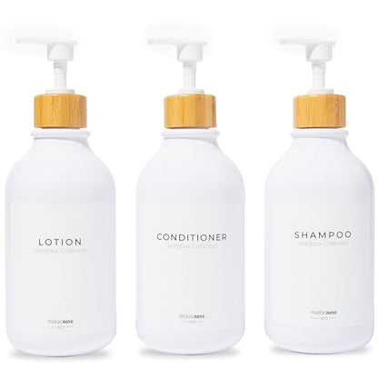 MaisoNovo Refillable Shampoo and Conditioner Bottles| White Bamboo Set of 3 - color: White /Bamboo