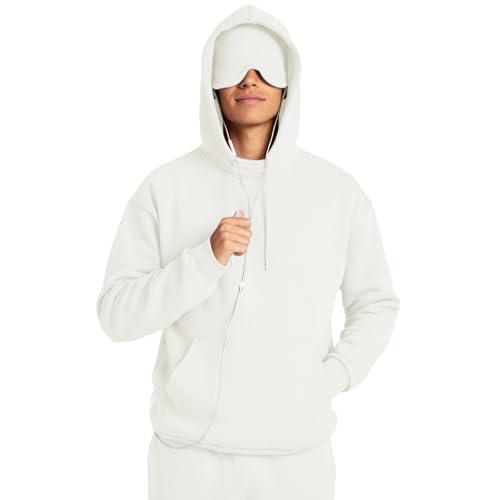 Ainangua Mens Oversized Pullover Essentials Hoodie with Eye Mask Built In Comfor Airplane Mode Travel Sleep Wearable Blanket - color: White, size: Large