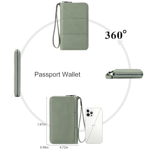 RFID Blocking with Zipper Travel Passport Wallet,Travel Document Organizer for Men and Women Family Holder with Wrist Strap - color: Light Green